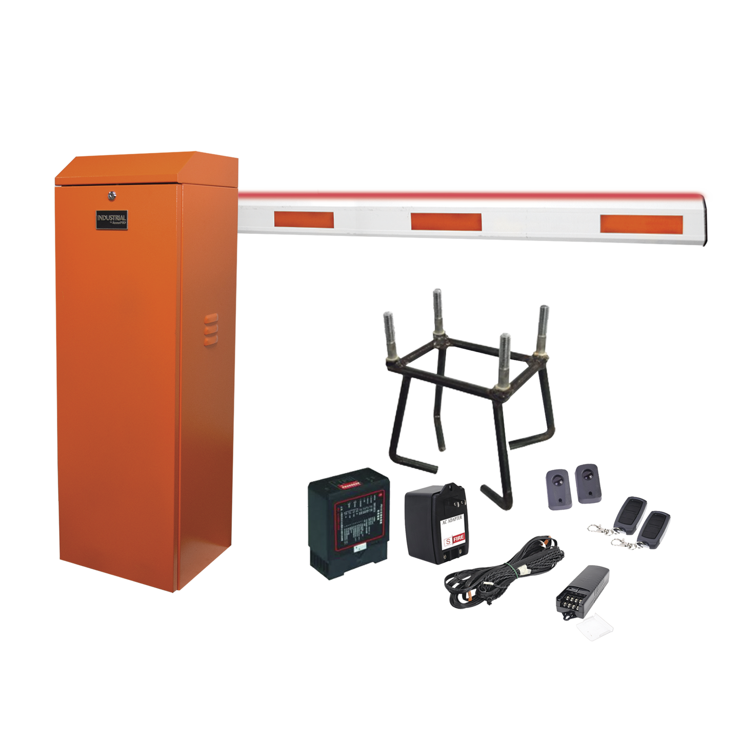 Kit COMPLETO Barrera Derecha XB Naranja / Brazo de 5 Metros con Iluminacion LED Rojo-Verde / Incluye Sensor de masa, Transformador, Lazo, Ancla, Fotoceldas 2 Controles Inalámbricos