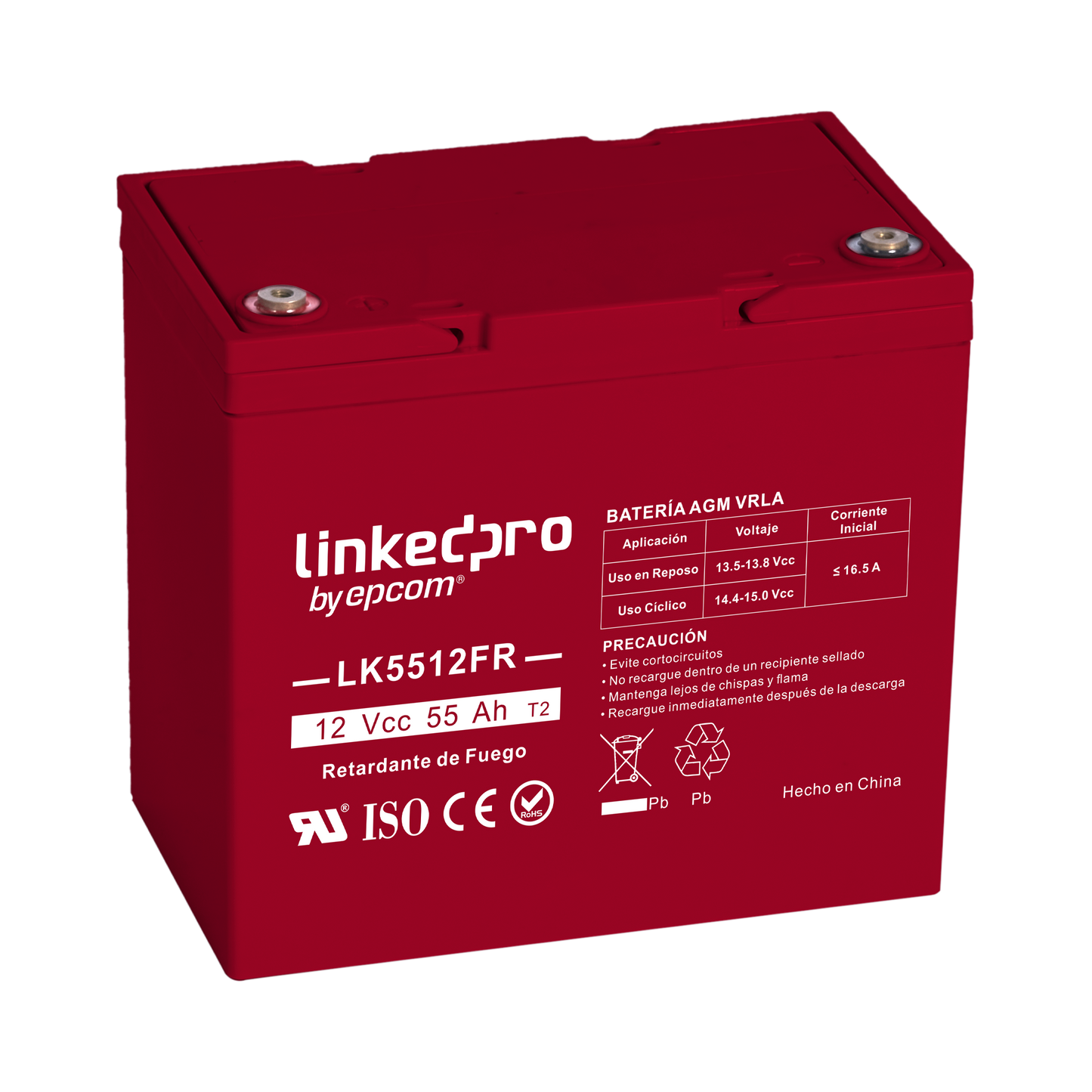 Batería 12 Vcc / 55 Ah / UL / Tecnología AGM-VRLA / Retardo a la flama / Para uso en equipo electrónico, Alarmas de Intrusión / Incendio/ Control de acceso / Video Vigilancia / T2