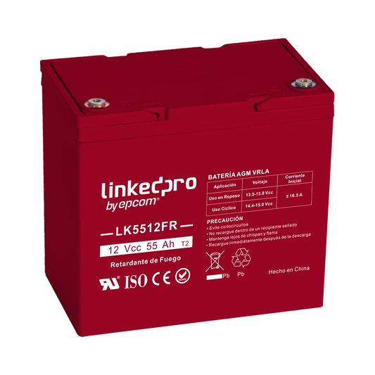 Batería 12 Vcc / 55 Ah / UL / Tecnología AGM-VRLA / Retardo a la flama / Para uso en equipo electrónico, Alarmas de Intrusión / Incendio/ Control de acceso / Video Vigilancia / T2