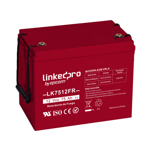 Batería 12 Vcc / 75 Ah / UL / Tecnología AGM-VRLA / Retardo a la flama / Para uso en equipo electrónico, Alarmas de Intrusión / Incendio/ Control de acceso / Video Vigilancia / T2