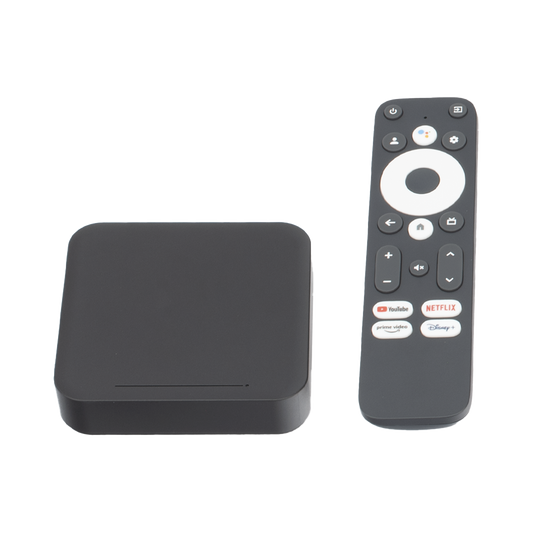 TV Box Android UHD, Compatible con Google TV , Conexión WiFi en 2.4 y 5 GHz, Puerto LAN RJ45, Puerto  HDMI.