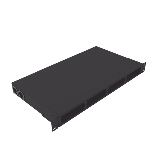 Distribuidor de fibra óptica vacio 19in, Acepta 4 placas Acopladoras de Linkedpro, hasta 24 fibras, 1UR, Incluye charola de empalme