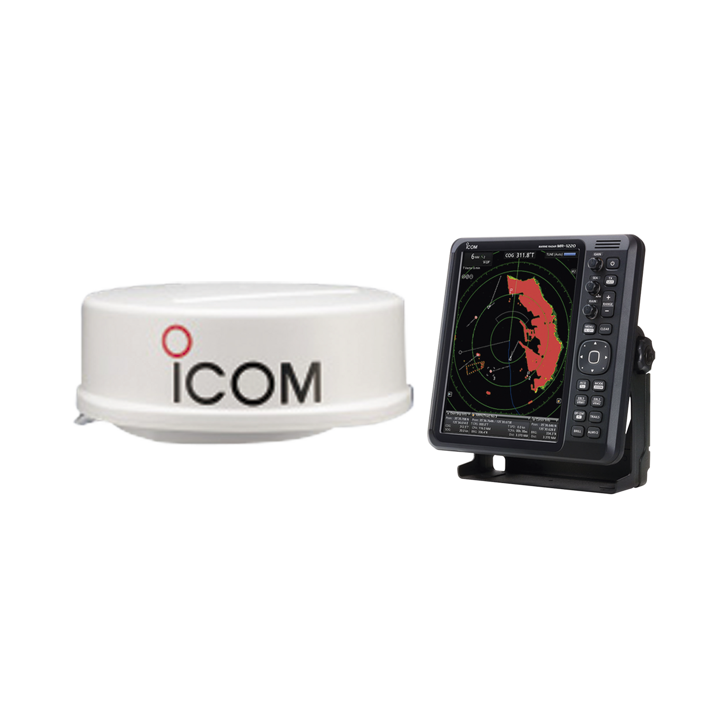 Sistema de radar con antena tipo domo de 4 kW a 36 NM y pantalla a color MR1220E de 12.1"