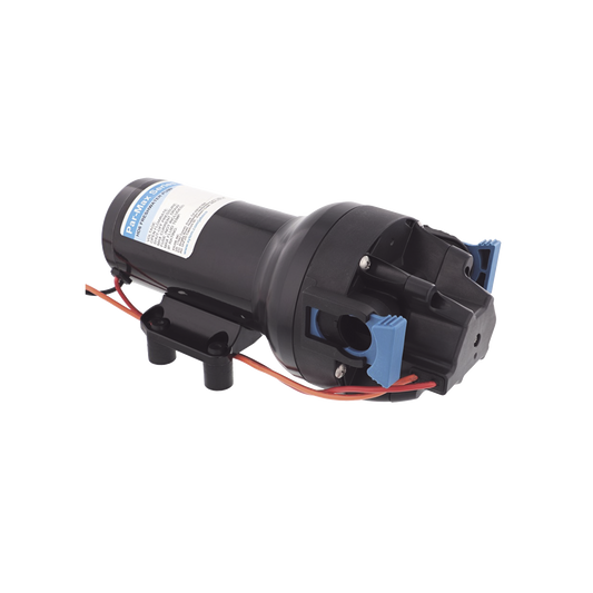 Bomba controlada por presión Par Max para trabajo pesado a 12 Vcd, caudal de 6 GPM, presión máxima 40 psi, para manguera de entrada con orificio de 38 mm (1½”), manguera de descarga con orificio de 25 mm (1”)