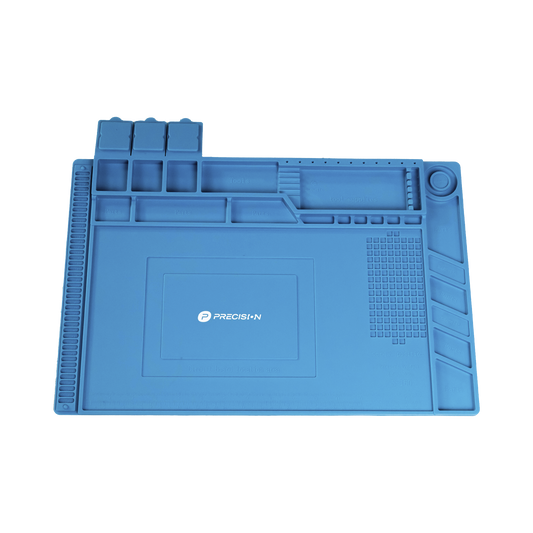 Tapete de silicona resistente al calor con areas magnéticas y de almacenamiento de componentes, ideal para la reparación de equipos y tarjetas electrónicas.