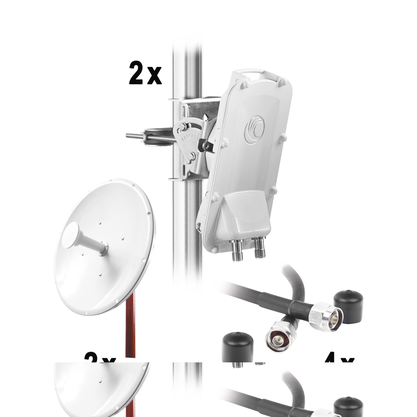 Enlace Backhaul completo de alta capacidad, incluye: 2x PTP550CE, 2x NPTR3 (37 dBi), 4x Jumpers