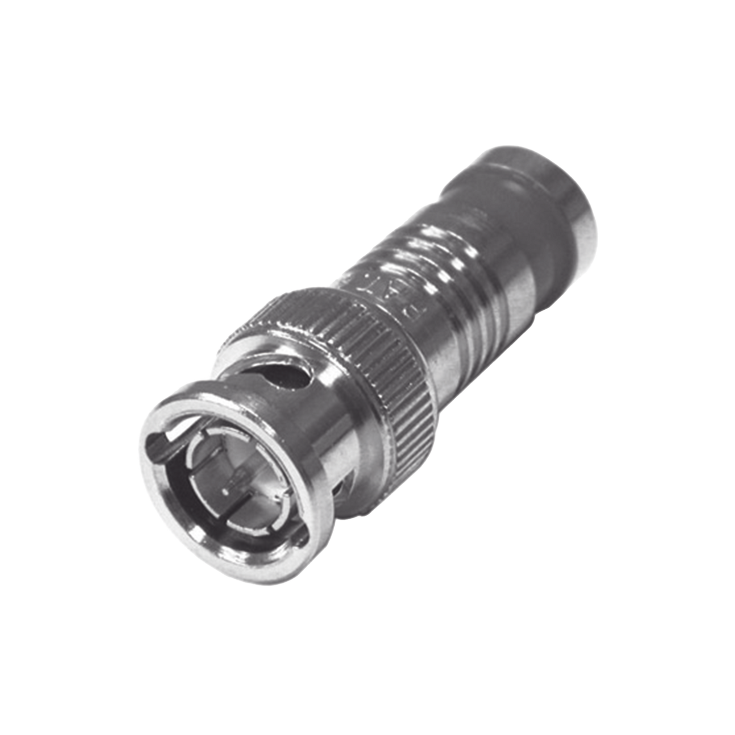 Conector BNC Macho de 75 Ohm, Montaje de Compresión Axial para RG-59/U, Níquel/ Oro/ Teflón.