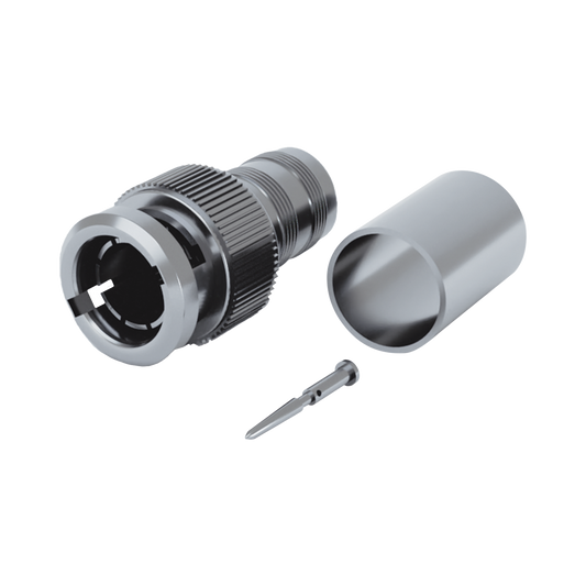 Conector BNC Macho de 75 Ohm, Anillo Plegable para BELDEN 8281 tipo RG-59/U, Plata/ Oro/ Teflón.