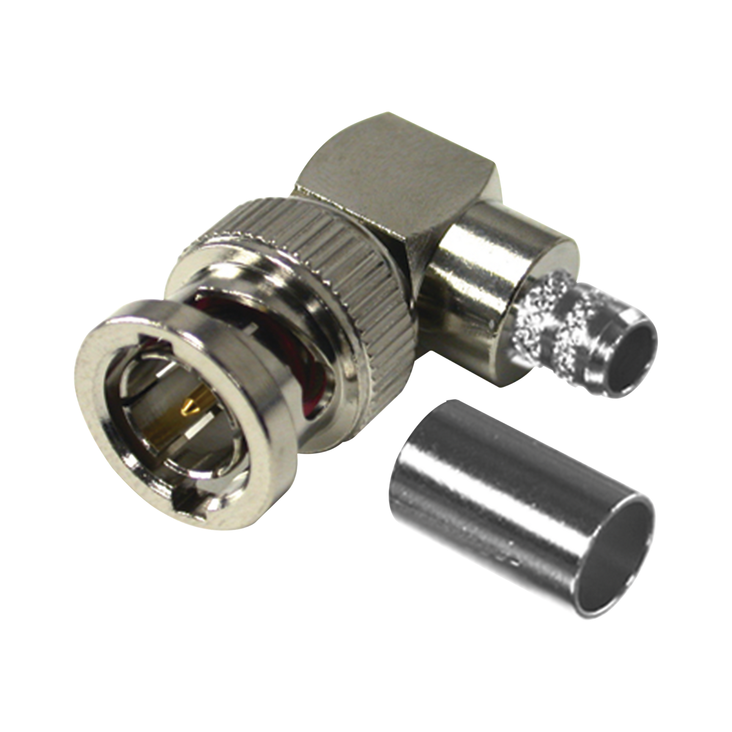 Conector BNC Macho en Ángulo Recto para 75 Ohm, Anillo Plegable en Cable Coaxial RG-6/U, Grupo Q, Níquel/ Oro/ Teflón.