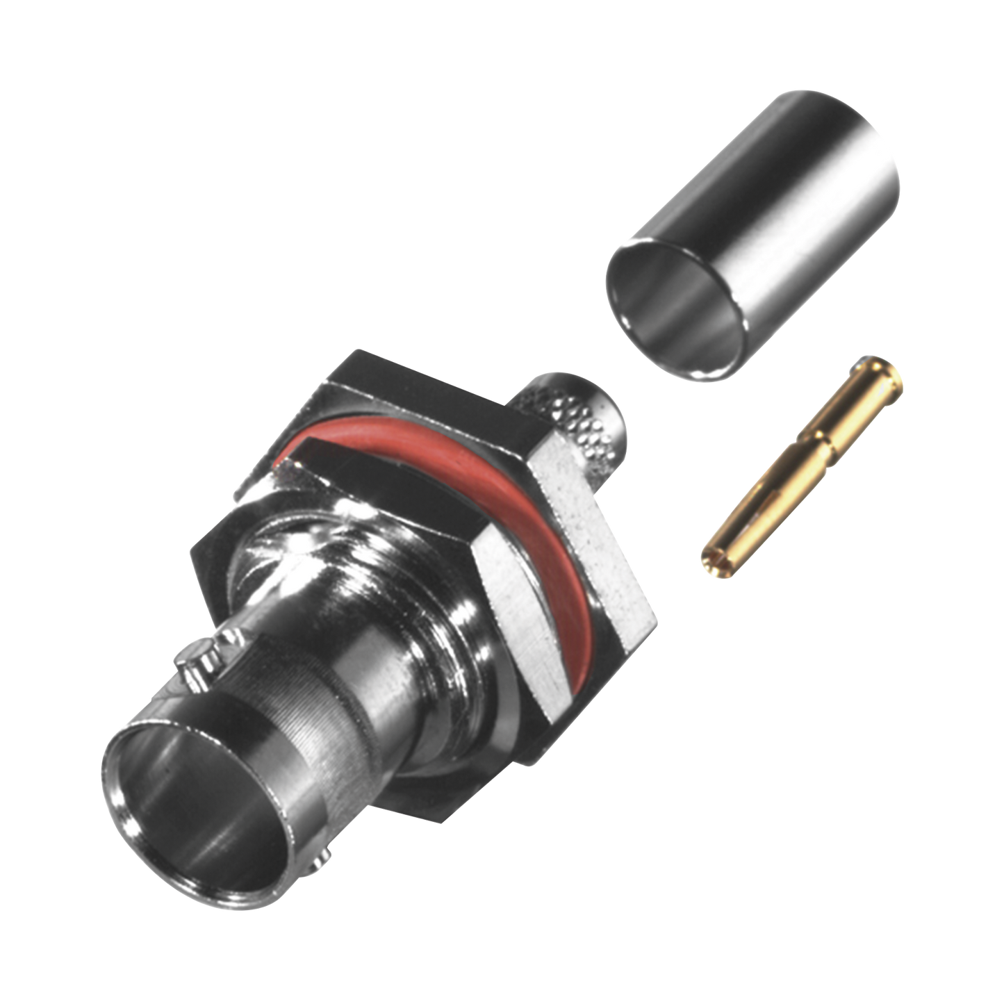 Conector BNC Hembra para Chasis en D-Plano con Aro de Goma, Anillo Plegable para RG-59/U, Grupo D, 75 Ohm, Níquel/ Oro/ Delrin