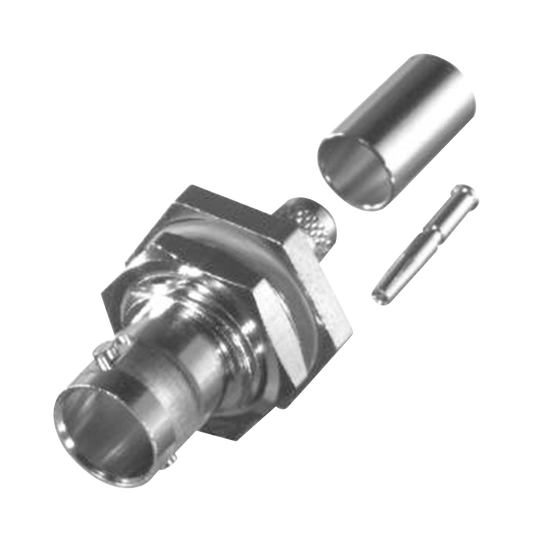 Conector BNC Hembra para Chasis en D-Plano con Aro de Goma, Anillo Plegable para RG-179/U, Grupo S, 75 Ohm, Níquel/ Oro/ Teflón.