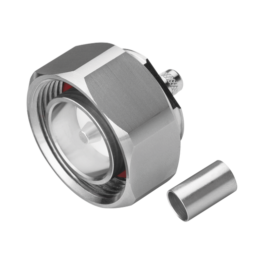 Conector DIN 7-16 Macho de Pin Cautivo, Anillo Plegable para Cable RG-8/X, LMR-240, Bronce Blanco/ Plata/ Teflón.?