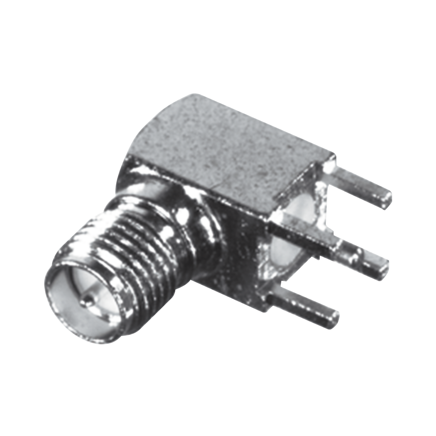 Conector SMA Hembra Inverso en Ángulo Recto con PIN Terminal y 4 Patas para Montaje PCB Coaxial, Oro/ Oro/ Teflón.