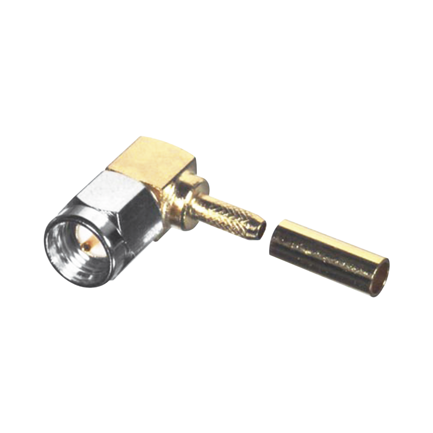 Conector SMA Macho en Ángulo Recto Para RG-174/U, Grupo B, Tuerca de Acoplamiento de Acero Inoxidable Oro/ Oro/ Teflón.