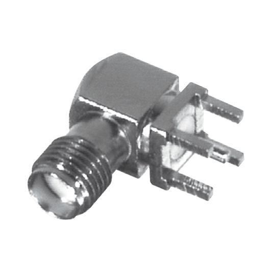 Conector SMA Hembra en Ángulo Recto con Terminal y 4 Patas para Montaje PCB, Níquel/ Oro/ Teflón.?