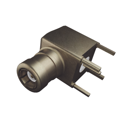 Conector SMB Macho (PIN Hembra) en Ángulo Recto, con Terminal y 4 Patas para Montaje en PCB, Oro/ Oro/ Teflón.?