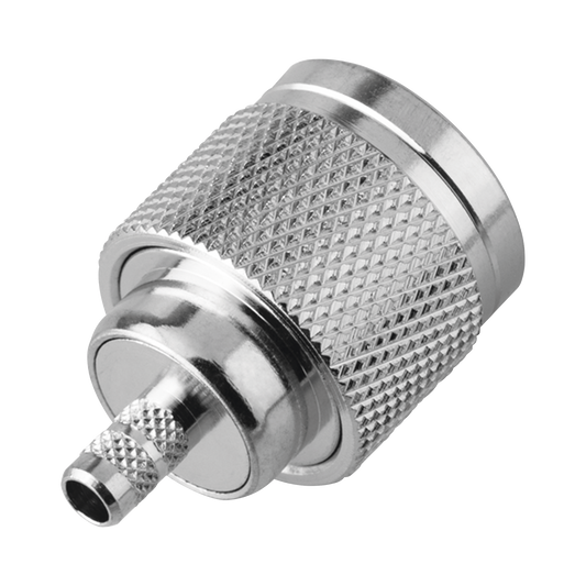Conector N Macho de Rosca Izquierda, Anillo Plegable para Cable RG-58/U, Grupo C, Níquel/ Oro/ Teflón.