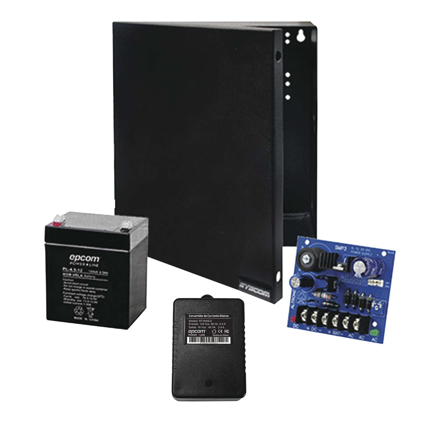 Kit con fuente ALTRONIX con salida de 12 Vcc a 2.5 Amper, incluye transformador y batería de 4.5 Amper