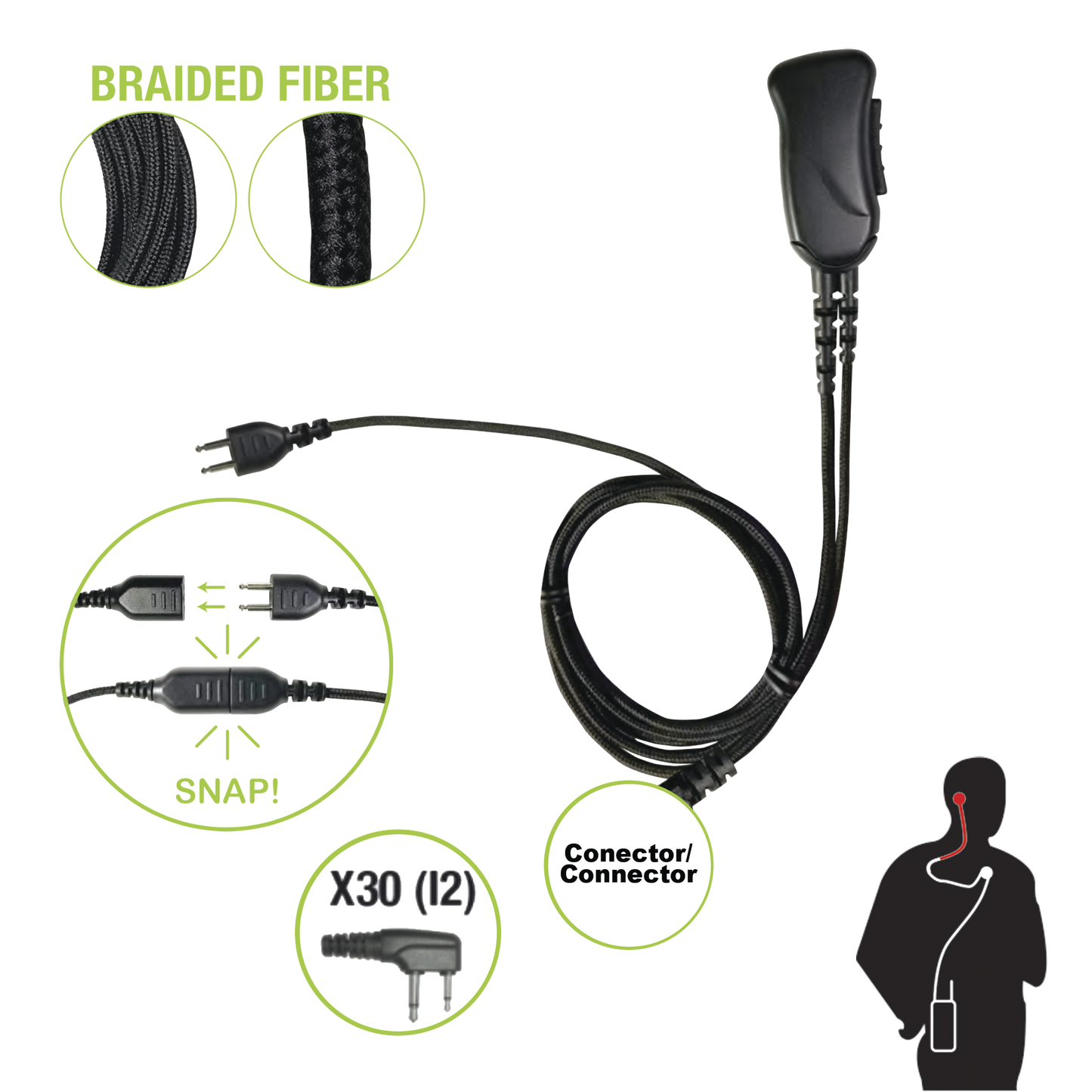 Micrófono con cable de fibra trenzada serie SNAP compatible con ICOM 2 PINES (SIN TORNILLOS).