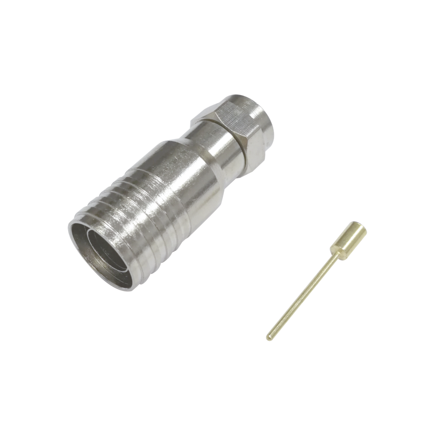 Conector F Macho en 75 Ohm, Plegable para Instalar en Cables Coaxiales RG-11, Cuerpo de Bronce-Niquelado/ Teflón.