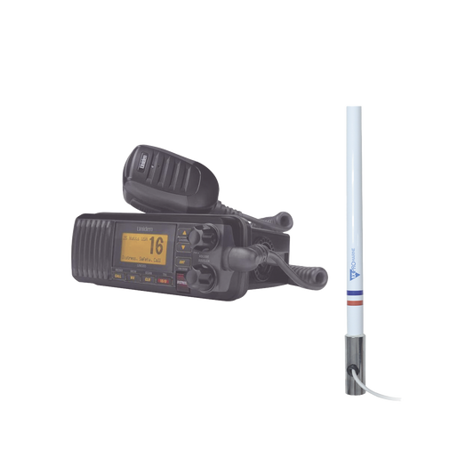 Kit de radio UM385BK | mas antena marina de fibra de vidrio TX-5101-SYS fabricada en fibra de vidrio con base roscable de acero inoxidable
