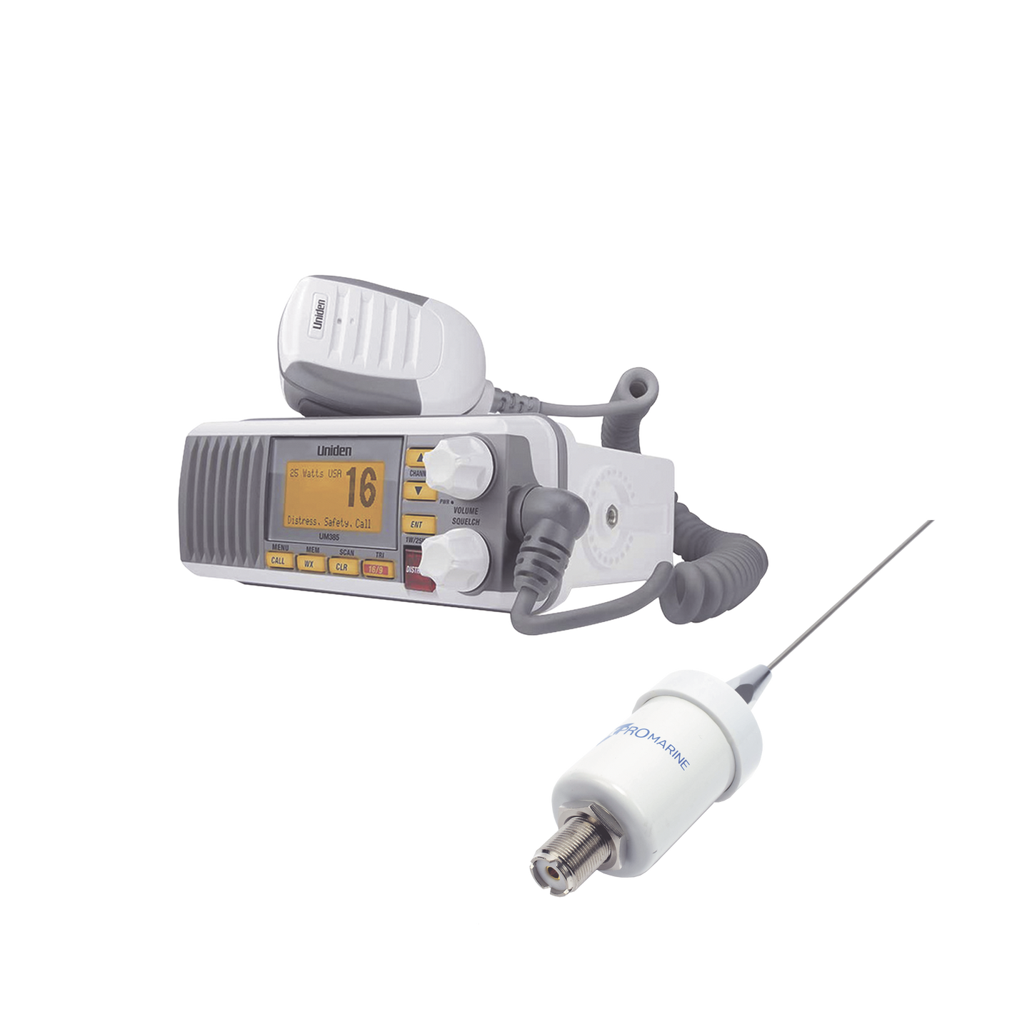 Kit de radio UM385 | mas antena marina de fibra de vidrio TX-1600-SYS