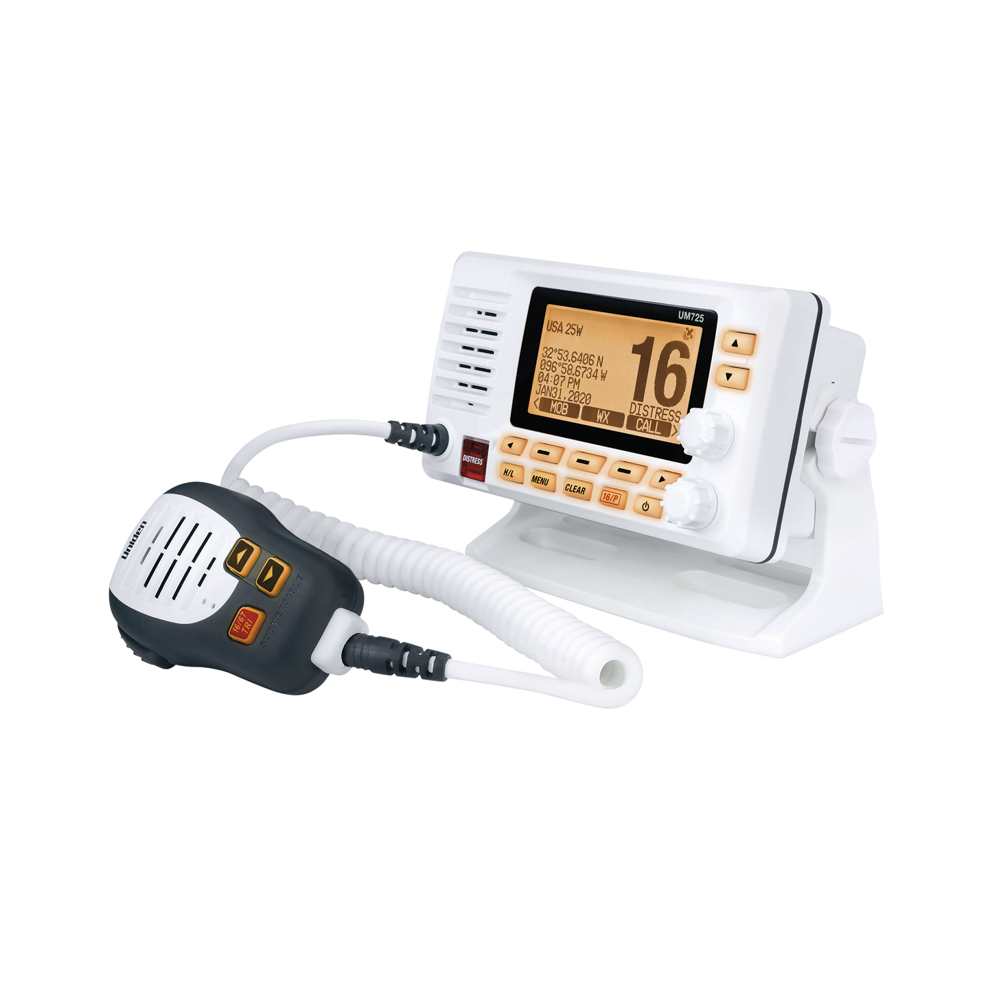 Radio Móvil Marino VHF, color blanco con receptor de GPS integrado, Tx: 156.025 - 157.425 MHz, Rx: 156.050 - 163.275 MHz, 25W de potencia, sumergible IPX8 incluye micrófono y cable de alimentación