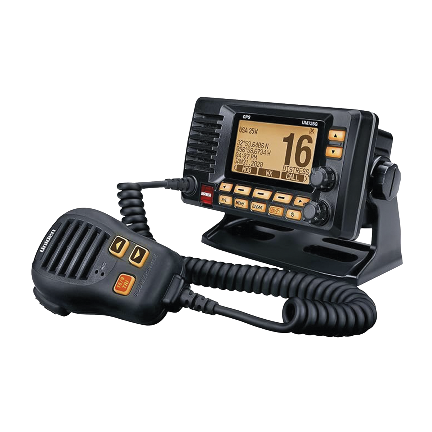 Radio Móvil Marino VHF, color negro con receptor de GPS integrado, Tx: 156.025 - 157.425 MHz, Rx: 156.050 - 163.275 MHz, 25W de potencia, sumergible IPX8 incluye micrófono y cable de alimentación