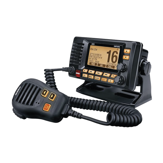 Radio Móvil Marino VHF, color negro con receptor de GPS integrado, Tx: 156.025 - 157.425 MHz, Rx: 156.050 - 163.275 MHz, 25W de potencia, sumergible IPX8 incluye micrófono y cable de alimentación